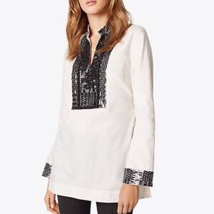 $600 TORY BURCH Embellished Black Sequin Ivory Tunic Shirt Womens SZ 8 BRAND NEW